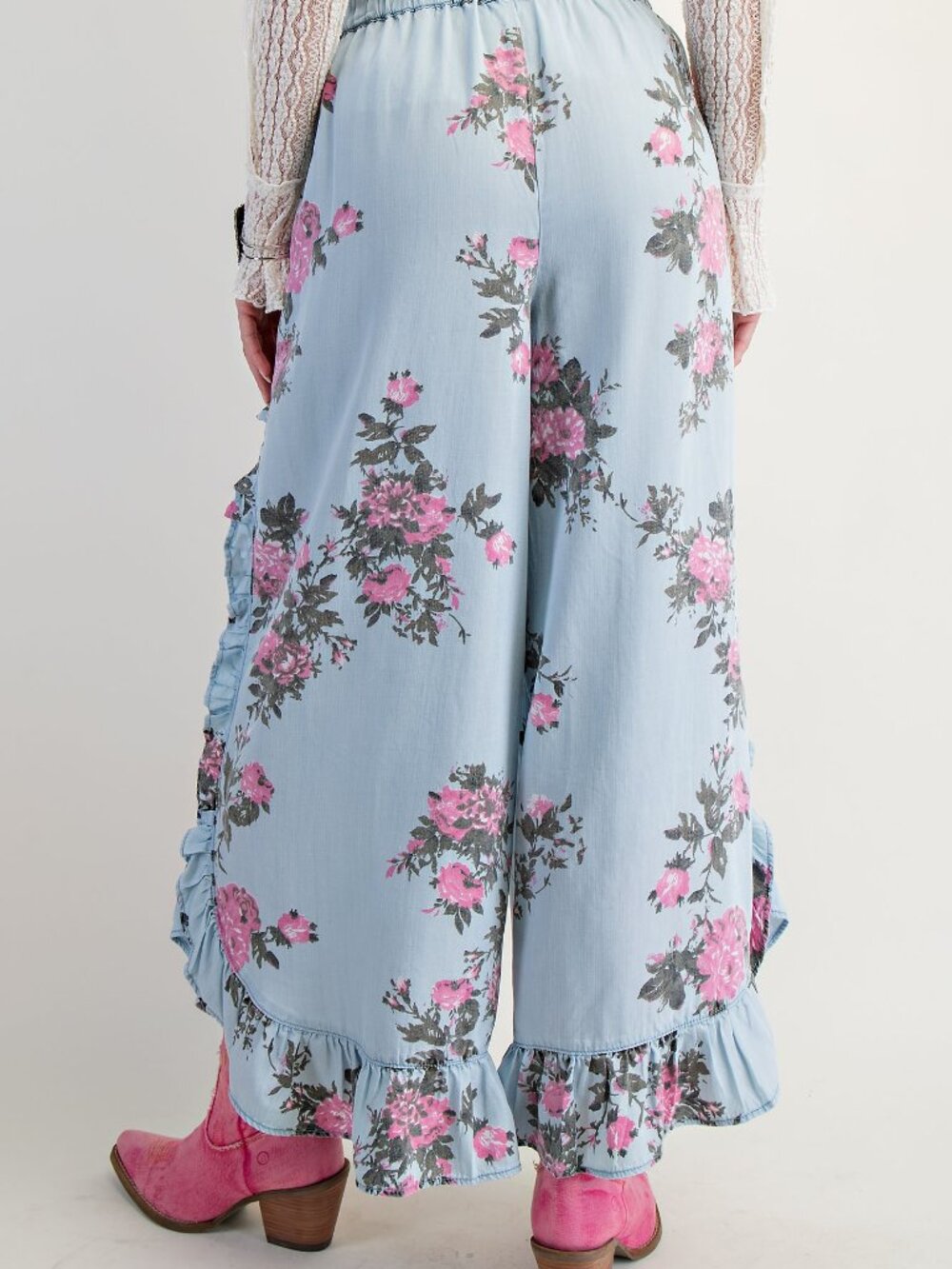 EASEL FLORAL PRINT WASHED CHAMBRAY RUFFLED PANTS 100% TENCEL - Picture 5 of 5
